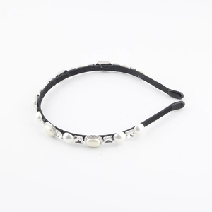 French vintage style headband with elegant white pearls and square crystals on black fabric