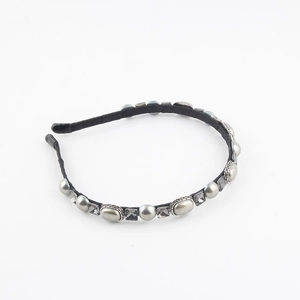 French vintage black headband with alternating pearls and grey crystals in silver finish