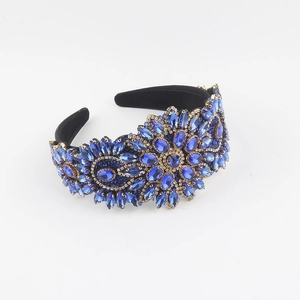 Baroque wide rhinestone headband with blue floral crystals and black velvet base