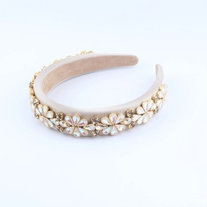 Baroque wide headband with champagne satin and sparkling multi-color rhinestone flowers