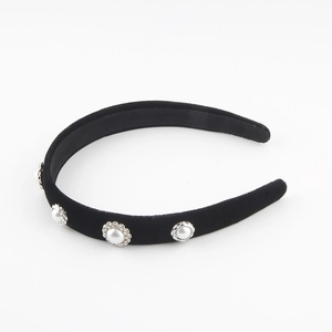 Elegant black velvet headband with pearl embellishments for women in retro French style