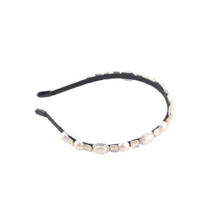 French retro headband with white oval pearls and square clear crystal stones on black base