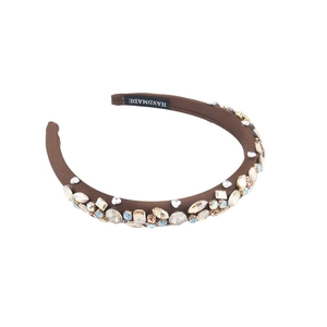 Baroque brown satin headband featuring multi-color crystals and handmade heart charms