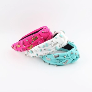 Women Bohemian Wide Knotted Fabric Headband With Cowboy Boot Charms Rhinestones Enamel Floral Vintage Fashion Hair Accessory