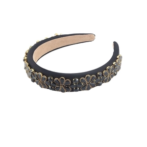 Baroque black crystal flower headband with gold trim on thick padded wide hairband