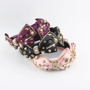 Baroque Bow Headband For Women Luxury Satin Fabric Rhinestone Faux Artificial Pearl Padded Wide Headpiece Vintage Palace Style Hair Accessories