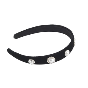 Elegant black velvet headband with white faux pearls and silver lace metal settings