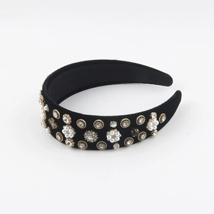French vintage black velvet headband with baroque pearls and rhinestones on white background