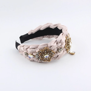 Vintage geflochtenes Kristall stirnband mit rosa Satin und goldenen Metallakzenten