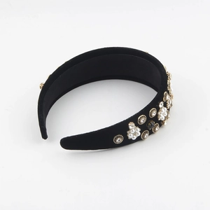 Vintage French black velvet headband with baroque pearls and crystal flower details