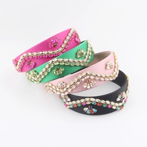 Baroque Rhinestone Padded Headband Satin Fabric Floral Wave Pattern Wide Hair Band Vintage Luxury Banquet Party Hair Accessories