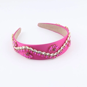 Baroque rose pink satin headband with hand-stitched crystal wave floral patterns