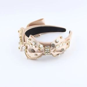 Baroque champagne satin headband with double bow and sparkling rhinestone crystal pearls