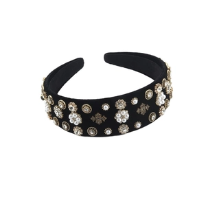 Baroque style black velvet headband with white pearl flowers and gold crystals