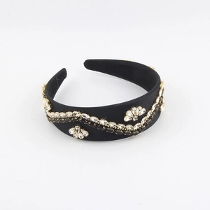 Baroque style wide headband in black satin with hand-inlaid rhinestones and floral pattern