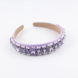 Lavender velvet baroque headband with hand-sewn purple crystals and white pearls for women