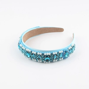 Baroque sky blue headband with hand-sewn crystals and white pearls on khaki velvet lining