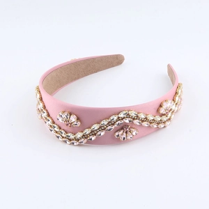 Baroque pink fabric headband with sparkling rhinestone flowers and non-slip inner lining