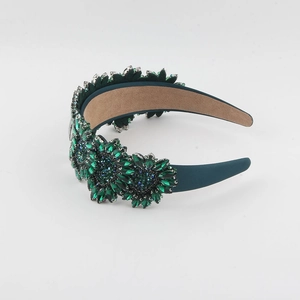 Green Baroque wide headband with heart crystals and sparkling rhinestone floral pattern