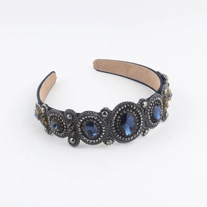 Baroque royal blue velvet headband with oversized crystals and bead embroidery