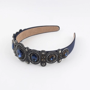 Detail of blue Baroque headband with navy crystals and elegant vintage velvet lining
