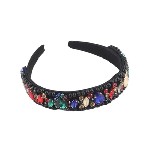 Baroque padded headband with colorful crystals and black beaded rhinestones