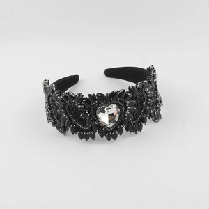 Baroque black wide headband with full crystals and a sparkling heart centerpiece