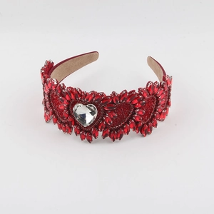 Baroque red rhinestone headband with heart crystals and gold setting for wedding party