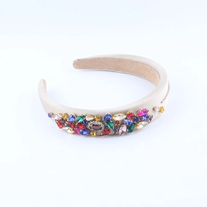 Baroque style wide headband with colorful rhinestones on ivory satin sponge base