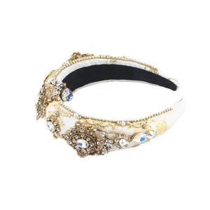 Luxuriöser Barock-Haarreif aus weißem Satin mit Goldstickerei und Kristallen