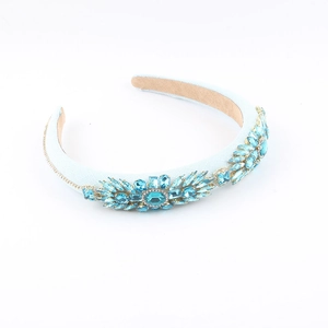 Baroque light blue fabric headband with sparkling sea blue crystal flower patterns