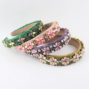 Vintage Satin Floral Printed Rhinestone Headband For Women Baroque Style Padded Wide Hairband Elegant Party Wedding Jewelry