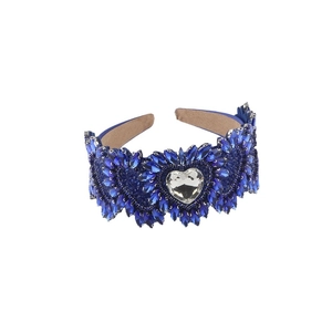 Baroque style wide headband with deep blue heart crystals and a large central diamond