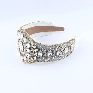 Luxury wide headband with gold base and full rhinestone crystals for party wear