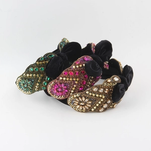Baroque Luxury Velvet Bow Headband For Women Full Rhinestone Gold Rivet Wide Padded Hairband Party Wedding Hair Accessories