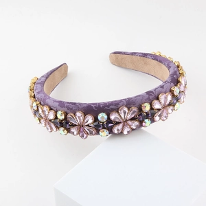 Lilac satin floral headband with crystal rhinestones and bohemian vintage luxury style