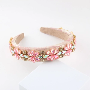 Pink satin headband with crystal flower embroidery and champagne rhinestones on white base