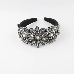 Elegant wide crystal headband with grey rhinestone flowers and a white faux pearl center