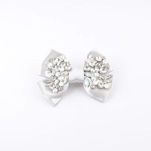 Sparkling rhinestone bow hair clip with silver satin ribbon for elegant women styling