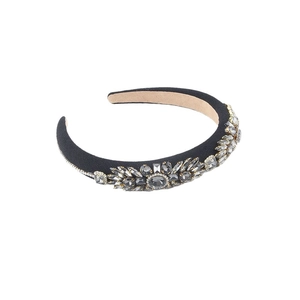 Baroque padded headband for women with gray crystals and rhinestones on black fabric
