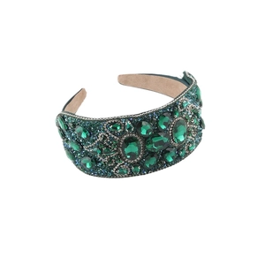 Luxury Baroque wide headband featuring emerald green crystals and heavy rhinestone detailing