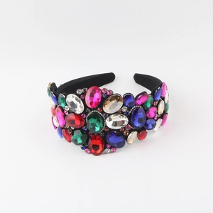 Baroque wide headband with multi-colored glass crystals on vintage black fabric base