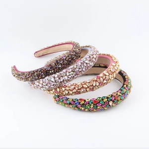 Baroque Full Rhinestone Padded Headband For Women Ornate Heavy Craft Wide Brim Fabric Hair Hoop Wedding Party Hair Accessories