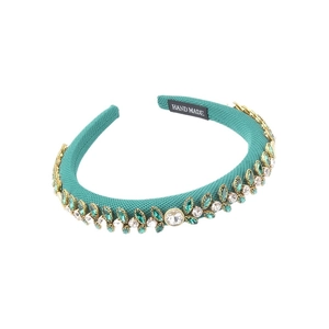 Teal knit sponge headband with rhinestone floral pattern shown in a professional studio view