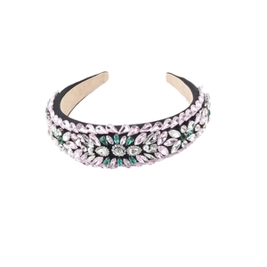 Baroque style wide headband with pink and green crystals on black velvet base