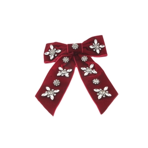Elegant deep red velvet Christmas bow hair clip with sparkling crystal flower patterns
