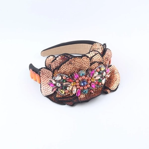 Vintage baroque wide headband featuring bronze sequins and colorful crystal floral patterns