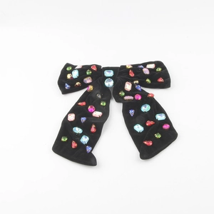 Large black velvet bow hair clip with colorful hand-stitched crystal rhinestones