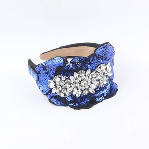 Baroque style padded headband with blue sequins, rhinestones and artificial pearls