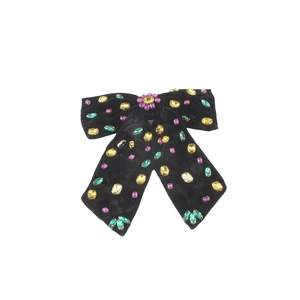 Velvet bow hair clip with colorful crystals and purple flower center for women